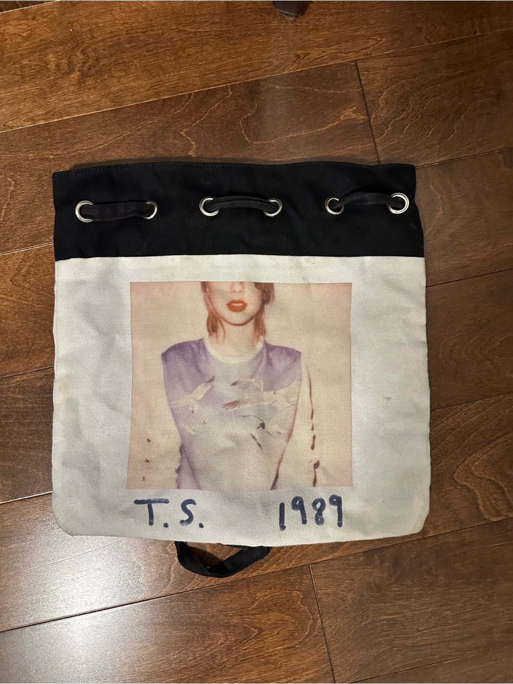 Taylor Swift Black and Off-White Drawstring Backpack with Photo Print